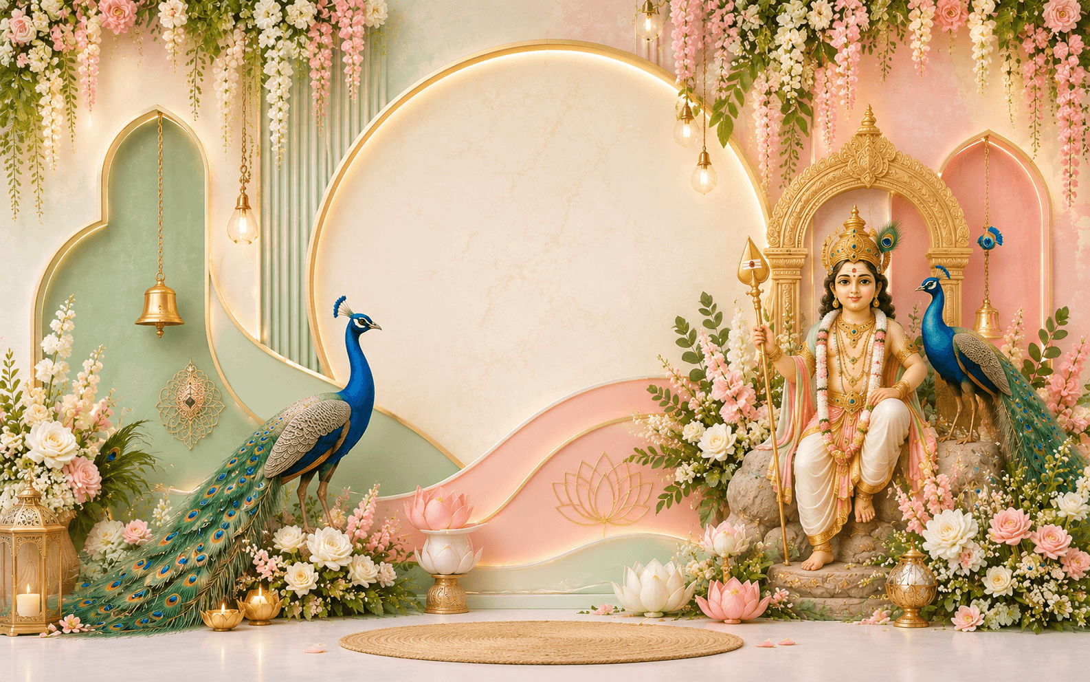 Premium wedding stage with Lord Murugan, peacocks, bells and flowers